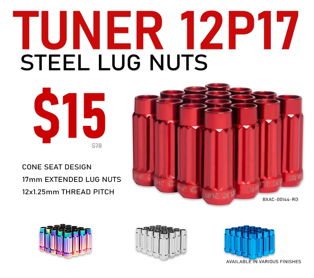 BLOX Racing Tuner 12P17 Steel Lug Nuts, featuring a cone seat design and 17mm extended length with a 12x1.25mm thread pitch. The set is available in multiple finishes, including red (model BXAC-00144-RD), neo-chrome, silver, and blue, and is priced at $15, marked down from $78.