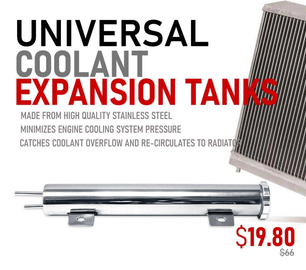 Universal coolant expansion tanks made from high-quality stainless steel, designed to minimize engine cooling system pressure and re-circulate coolant overflow to the radiator. The product is priced at $19.80, marked down from an original price of $66.