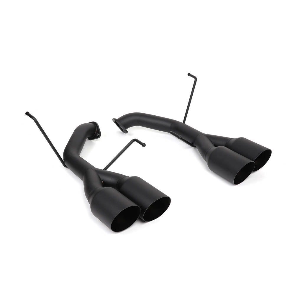 A pair of matte black dual-tip axle-back exhaust mufflers with welded hangers, designed to enhance sound and performance.