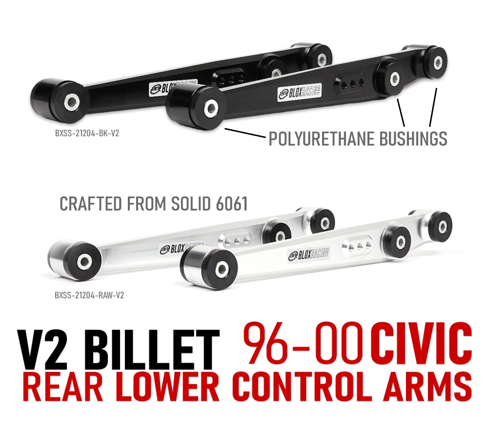 Blox Racing V2 Billet rear lower control arms for a 1996-2000 Honda Civic, shown in both black and raw aluminum finishes. The arms are crafted from solid 6061 billet aluminum and feature polyurethane bushings.