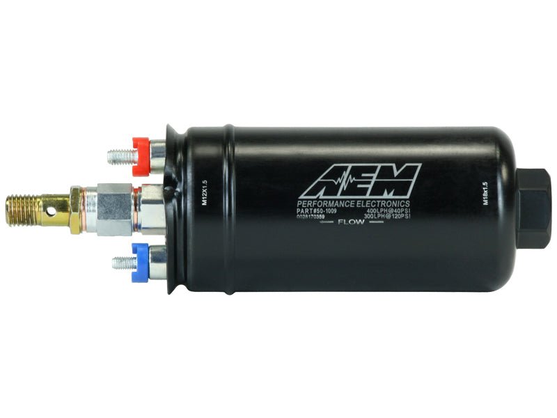 AEM 400LPH High Pressure Inline Fuel Pump - M18x1.5 Female Inlet to M12x1.5 Male Outlet - BLOX Racing