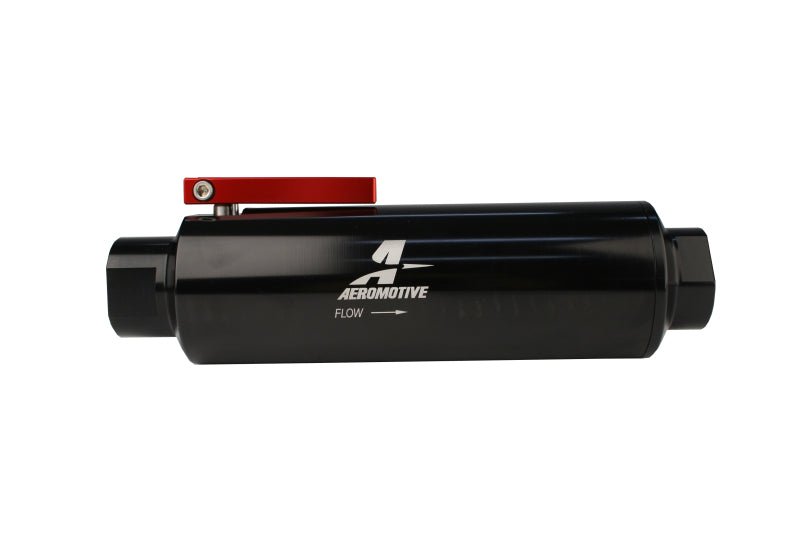 Aeromotive In - Line AN - 12 Filter w/Shutoff Valve 100 Micron SS Element - Black Anodize Finish - BLOX Racing