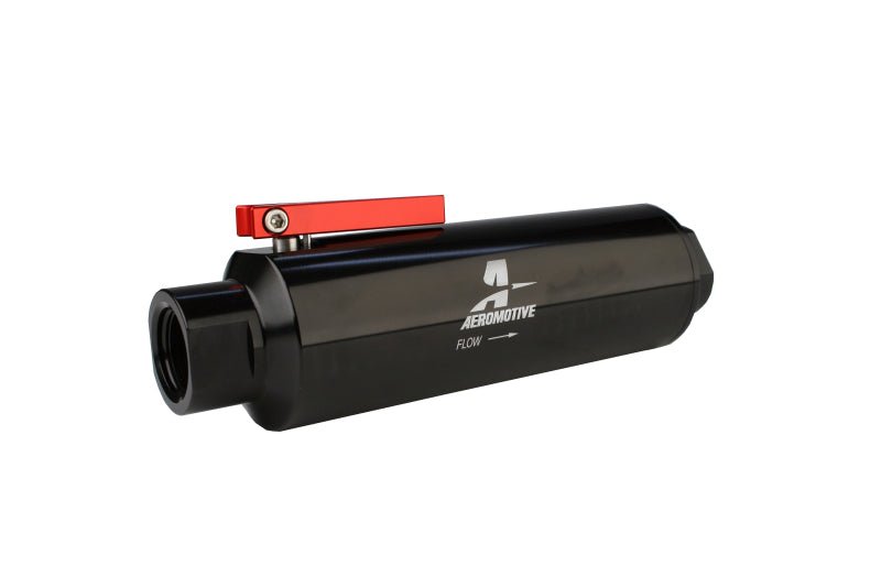Aeromotive In - Line AN - 12 Filter w/Shutoff Valve 100 Micron SS Element - Black Anodize Finish - BLOX Racing