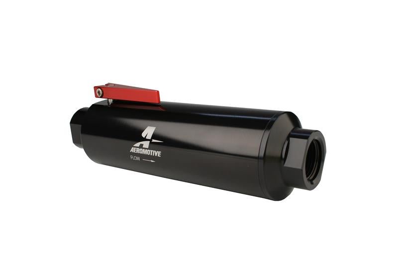 Aeromotive In - Line AN - 12 Filter w/Shutoff Valve 100 Micron SS Element - Black Anodize Finish - BLOX Racing