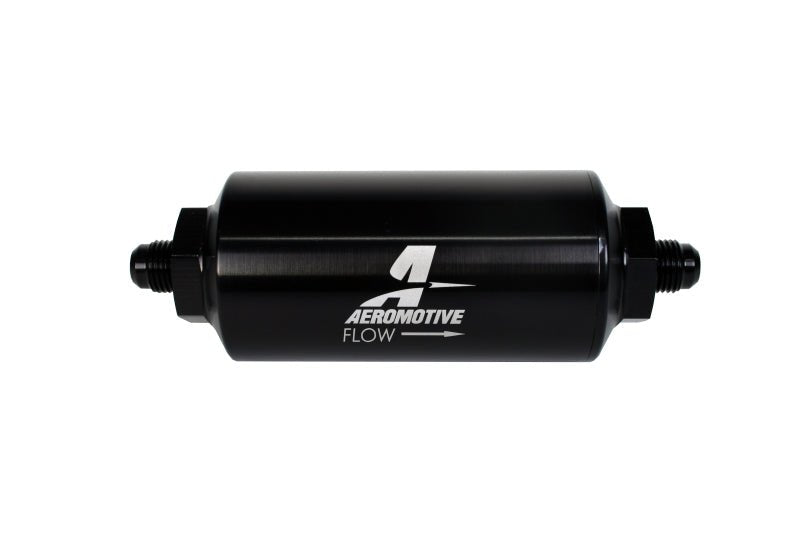 Aeromotive In - Line Filter - (AN - 6 Male) 40 Micron Stainless Mesh Element Bright Dip Black Finish - BLOX Racing