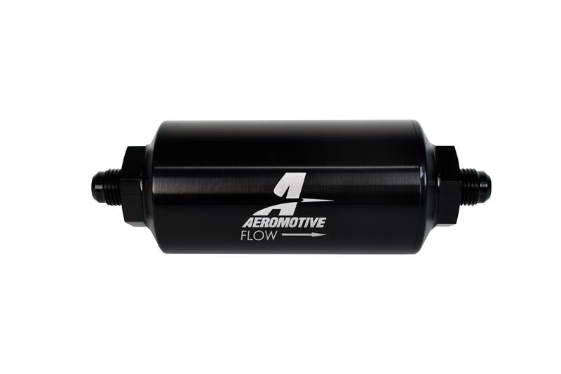 Aeromotive In - Line Filter - (AN - 6 Male) 40 Micron Stainless Mesh Element Bright Dip Black Finish - BLOX Racing