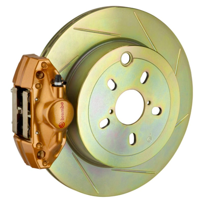 Brembo 08 - 14 WRX Rear GT BBK 2 Piston Cast 2pc 316 x20 1pc Rotor Slotted Type1 - Gold - BLOX Racing