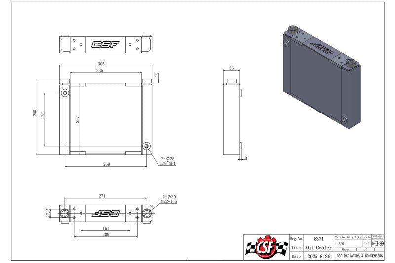 CSF Universal Large Single-Pass Oil Cooler - M22 x 1.5 - 12in L x 9.33in H x 2.16in W - BLOX Racing