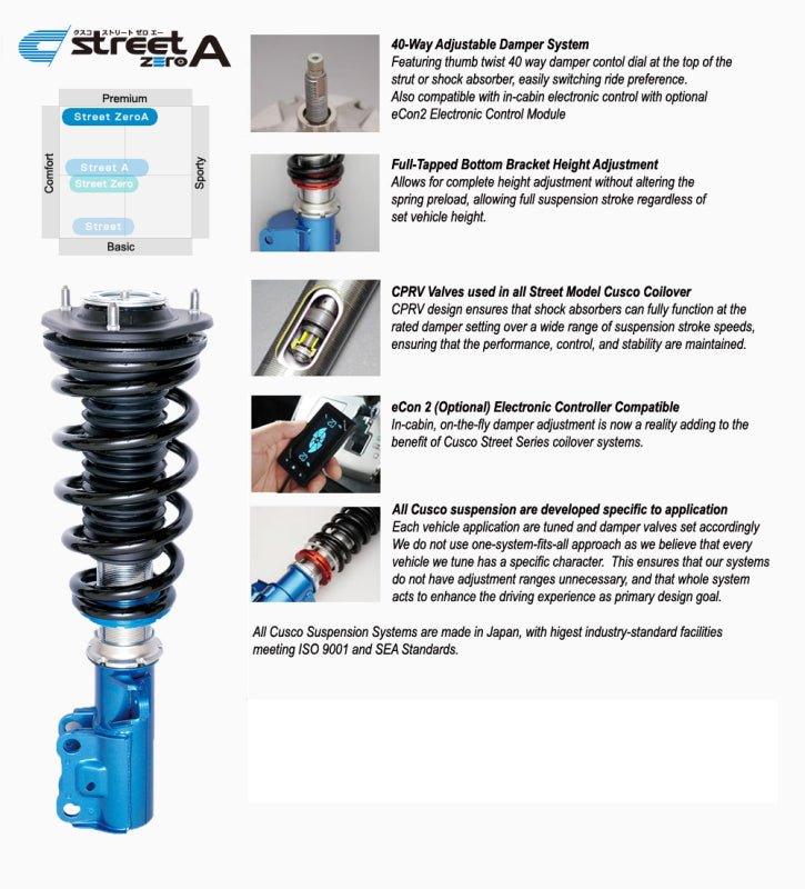 Cusco 2023+ Toyota GR Corolla (GZEA14H) Street Zero - A 40 - Way Adj Coilover Kit w/o Rear Upper Mount - BLOX Racing