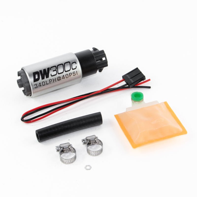 DeatschWerks 340lph DW300C Compact Fuel Pump w/ Universal Install Kit (w/ Mounting Clips) - BLOX Racing