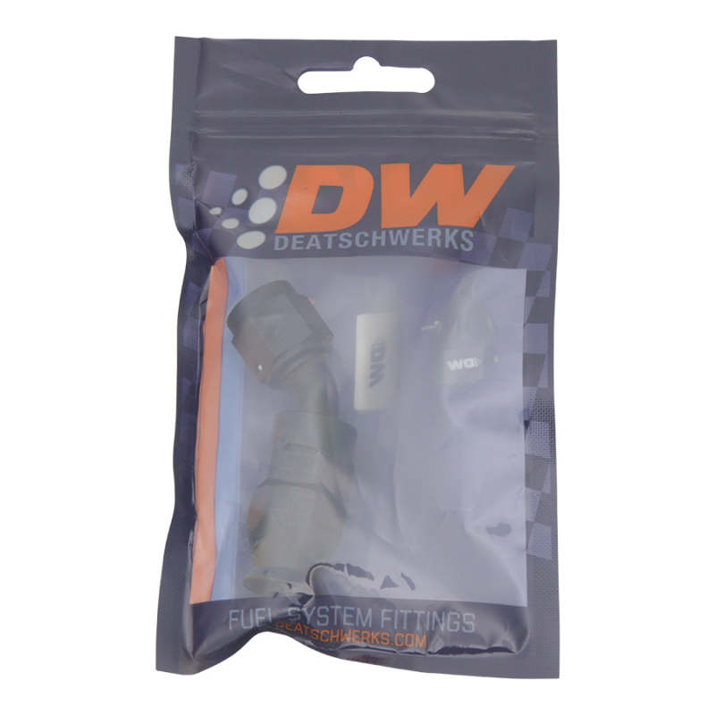 DeatschWerks 6AN Female Swivel 45 - Degree Hose End PTFE (Incl 1 Olive Insert) - Anodized Matte Black - BLOX Racing