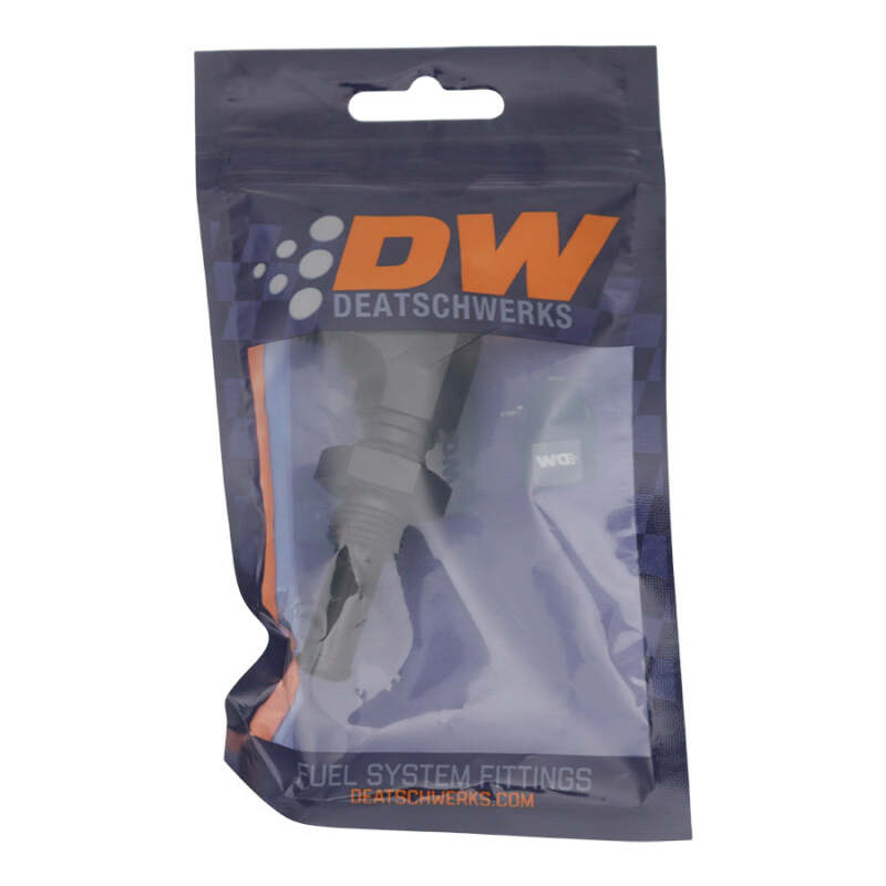 DeatschWerks 6AN Male Flare to 90-Degree 3/8in Single Hose Barb - Anodized Matte Black - BLOX Racing