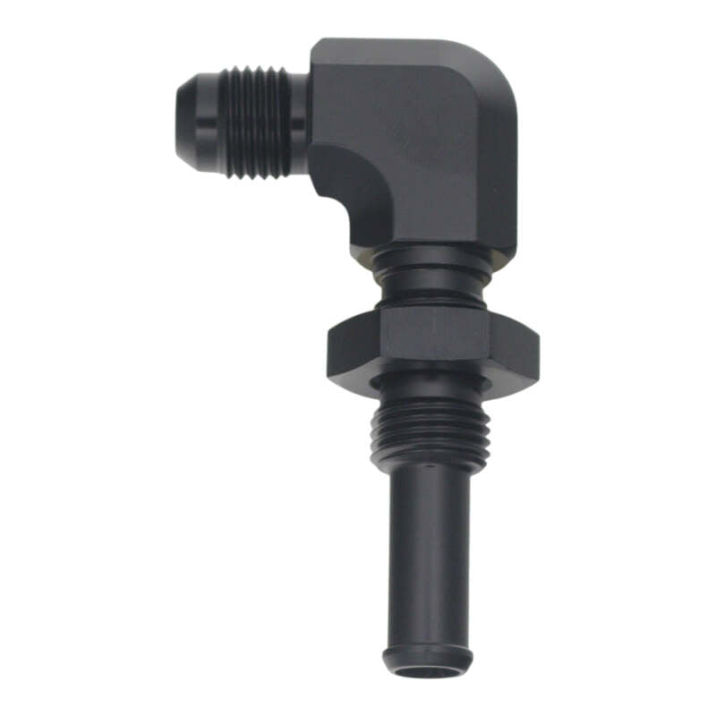 DeatschWerks 6AN Male Flare to 90-Degree 3/8in Single Hose Barb - Anodized Matte Black - BLOX Racing
