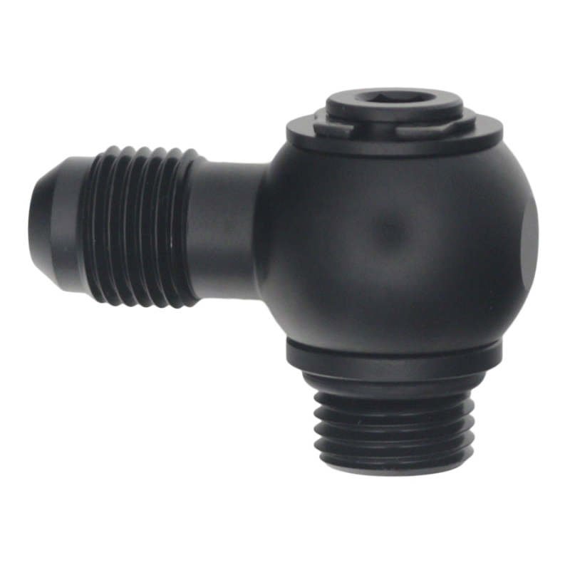 DeatschWerks 6AN ORB Male to 6AN Male Flare Low Profile 90 - Degree Swivel - Anodized Matte Black - BLOX Racing