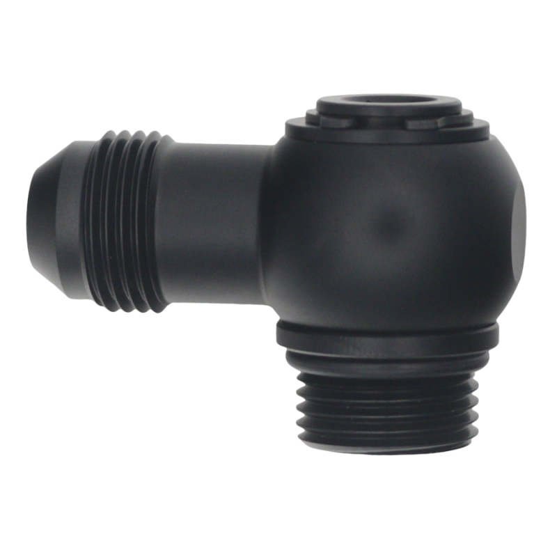DeatschWerks 8AN ORB Male to 8AN Male Flare Low Profile 90 - Degree Swivel - Anodized Matte Black - BLOX Racing
