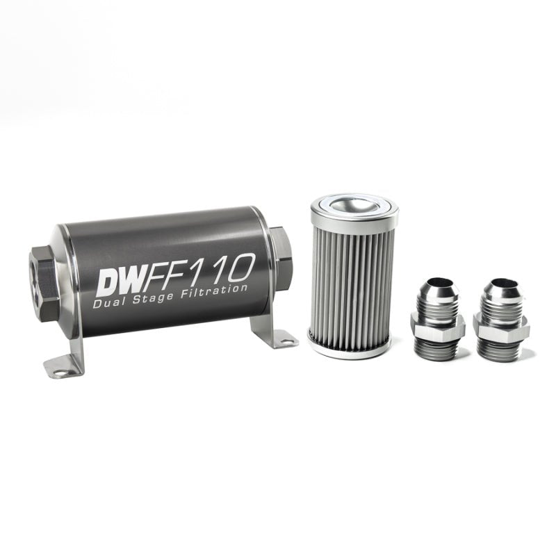 DeatschWerks Stainless Steel 10AN 10 Micron Universal Inline Fuel Filter Housing Kit (110mm) - BLOX Racing