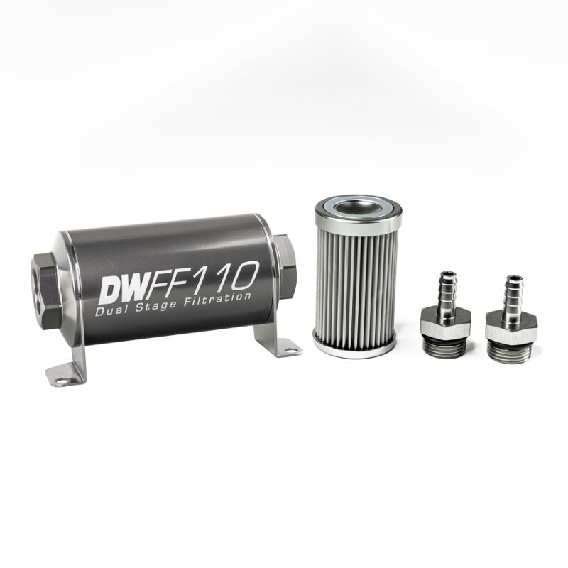 DeatschWerks Stainless Steel 5/16in 10 Micron Universal Inline Fuel Filter Housing Kit (110mm) - BLOX Racing