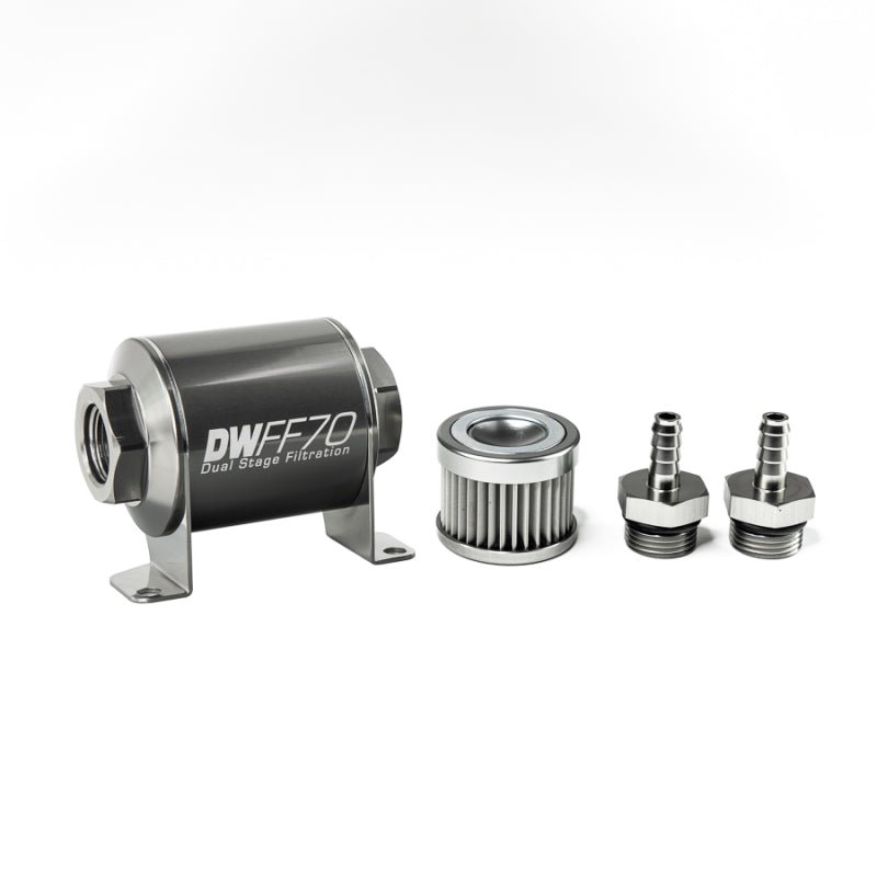 DeatschWerks Stainless Steel 5/16in 10 Micron Universal Inline Fuel Filter Housing Kit (70mm) - BLOX Racing