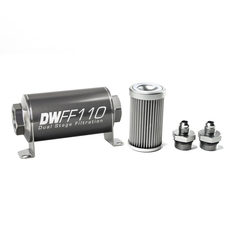 DeatschWerks Stainless Steel 6AN 10 Micron Universal Inline Fuel Filter Housing Kit (110mm) - BLOX Racing
