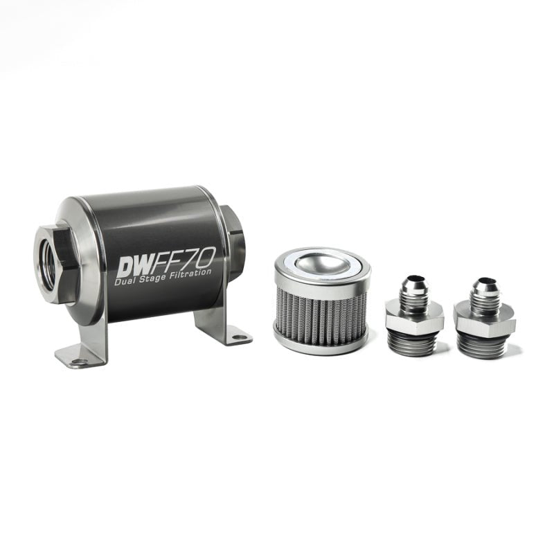 DeatschWerks Stainless Steel 6AN 10 Micron Universal Inline Fuel Filter Housing Kit (70mm) - BLOX Racing