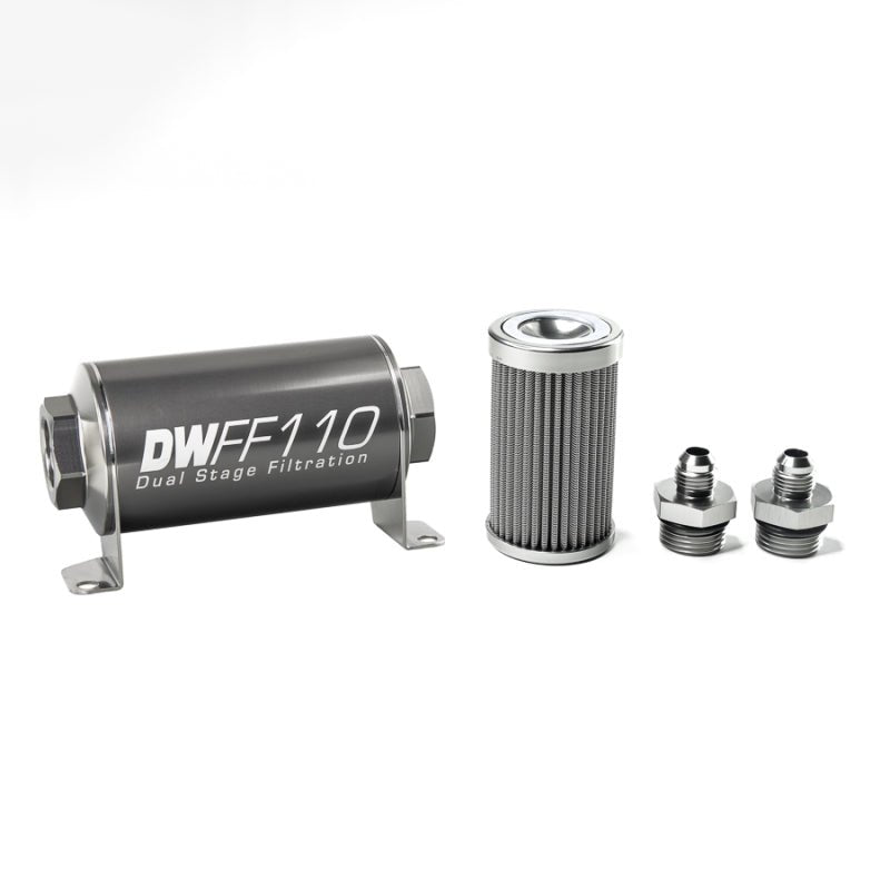 DeatschWerks Stainless Steel 6AN 100 Micron Universal Inline Fuel Filter Housing Kit (110mm) - BLOX Racing