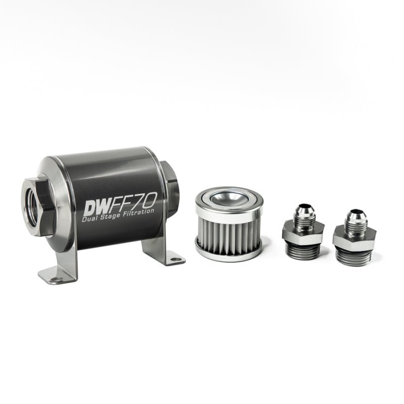DeatschWerks Stainless Steel 6AN 5 Micron Universal Inline Fuel Filter Housing Kit (70mm) - BLOX Racing