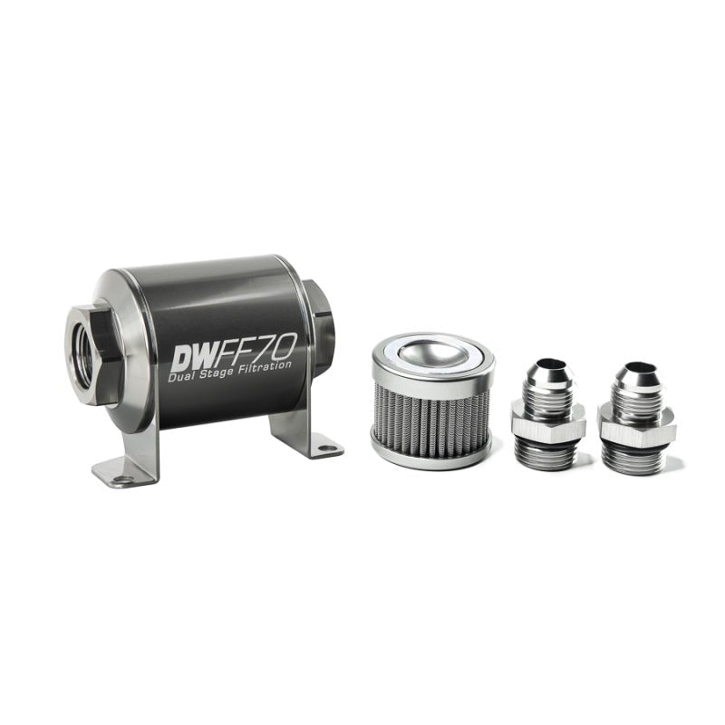 DeatschWerks Stainless Steel 8AN 10 Micron Universal Inline Fuel Filter Housing Kit (70mm) - BLOX Racing