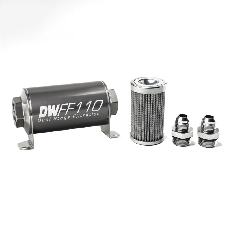 DeatschWerks Stainless Steel 8AN 100 Micron Universal Inline Fuel Filter Housing Kit (110mm) - BLOX Racing