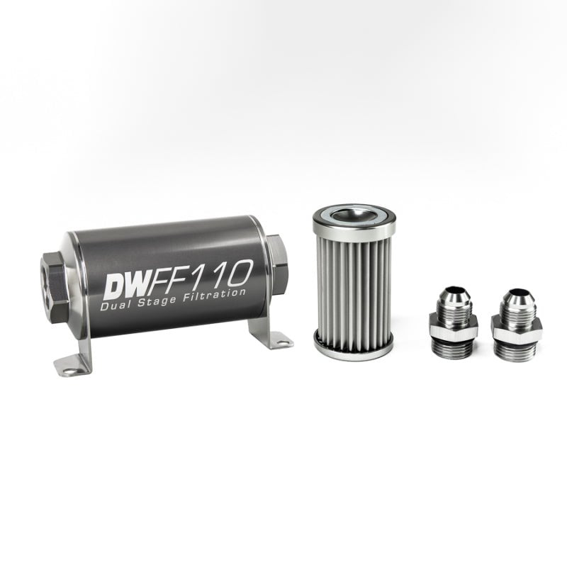 DeatschWerks Stainless Steel 8AN 5 Micron Universal Inline Fuel Filter Housing Kit (110mm) - BLOX Racing
