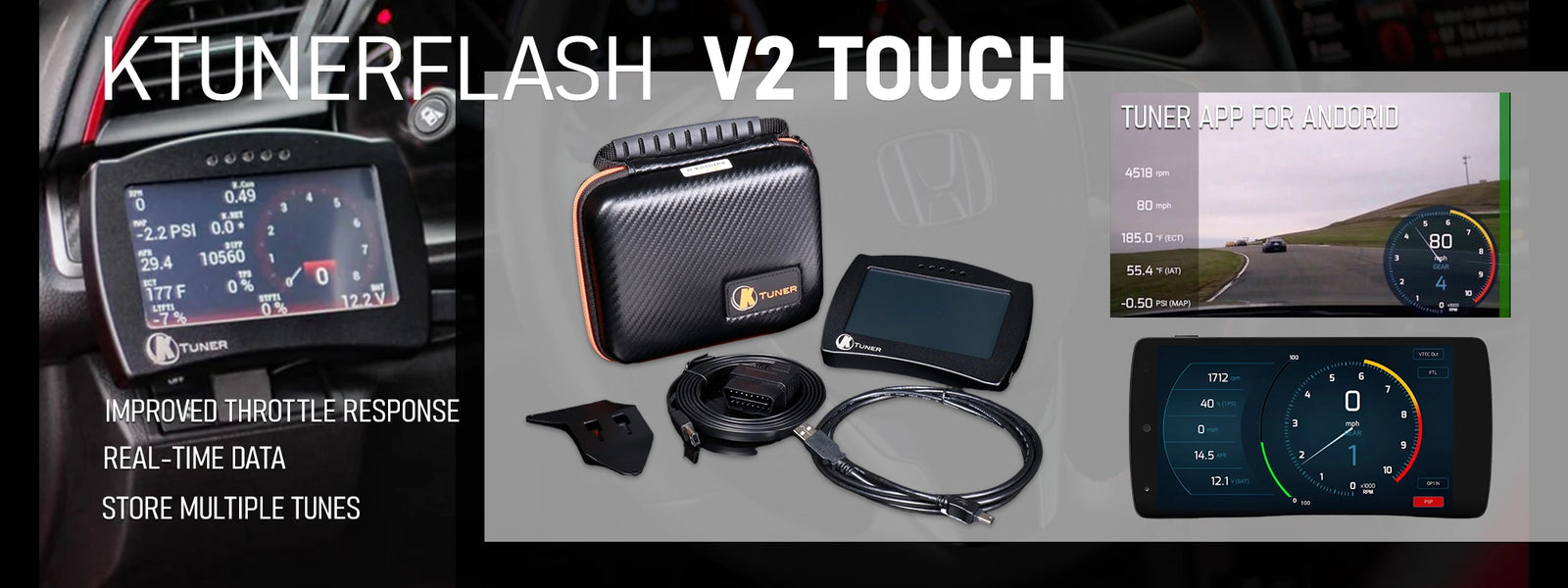 KTunerelash V2 Touch tuning device showing real-time data, improved throttle response, and ability to store multiple tunes.