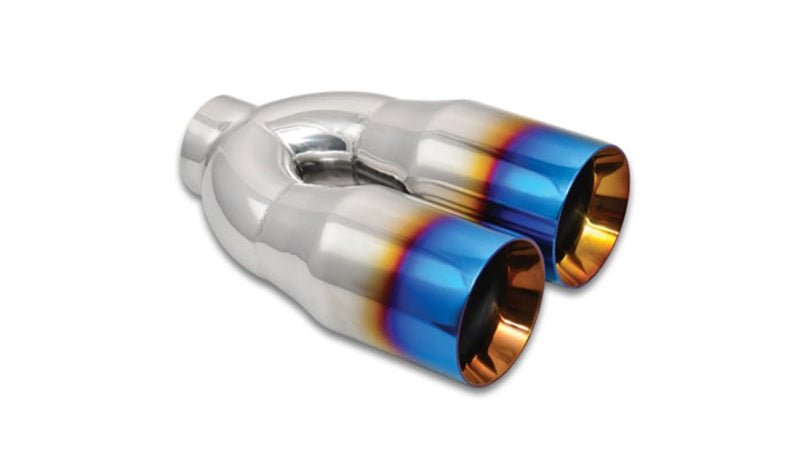 Vibrant 2.5in ID Dual 3.5in OD Round SS Tips (Double Wall, Straight Cut) with Burnt Blue Finish - BLOX Racing