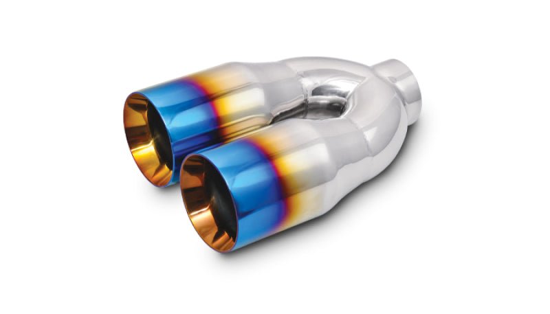 Vibrant 2.5in ID Dual 3.5in OD Round SS Tips (Double Wall, Straight Cut) with Burnt Blue Finish - BLOX Racing